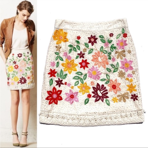 Maeve Anthropologie Ayaka Popcorn Lace Cream Floral Embroidery Skirt - Picture 2 of 16